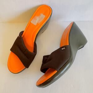 Vintage Tommy Hilfiger Wedge Black  Heeled Slides Y2K Sandals Orange Sporty 8.5
